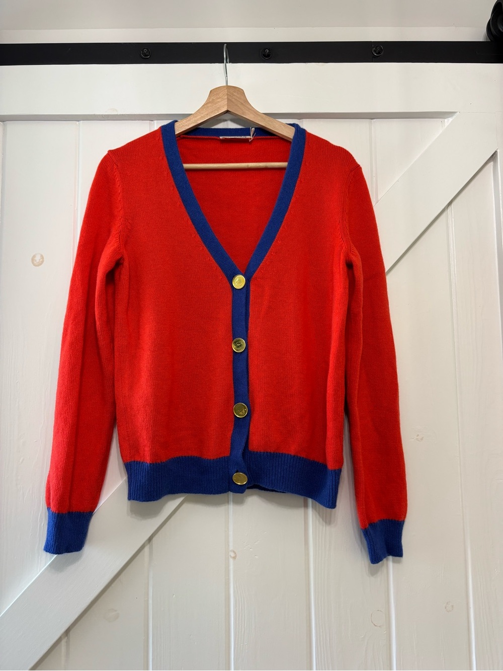 Tory Burch 100% Cashmere Cardigan Red Blue Color-block Elbow Patch Luxury S